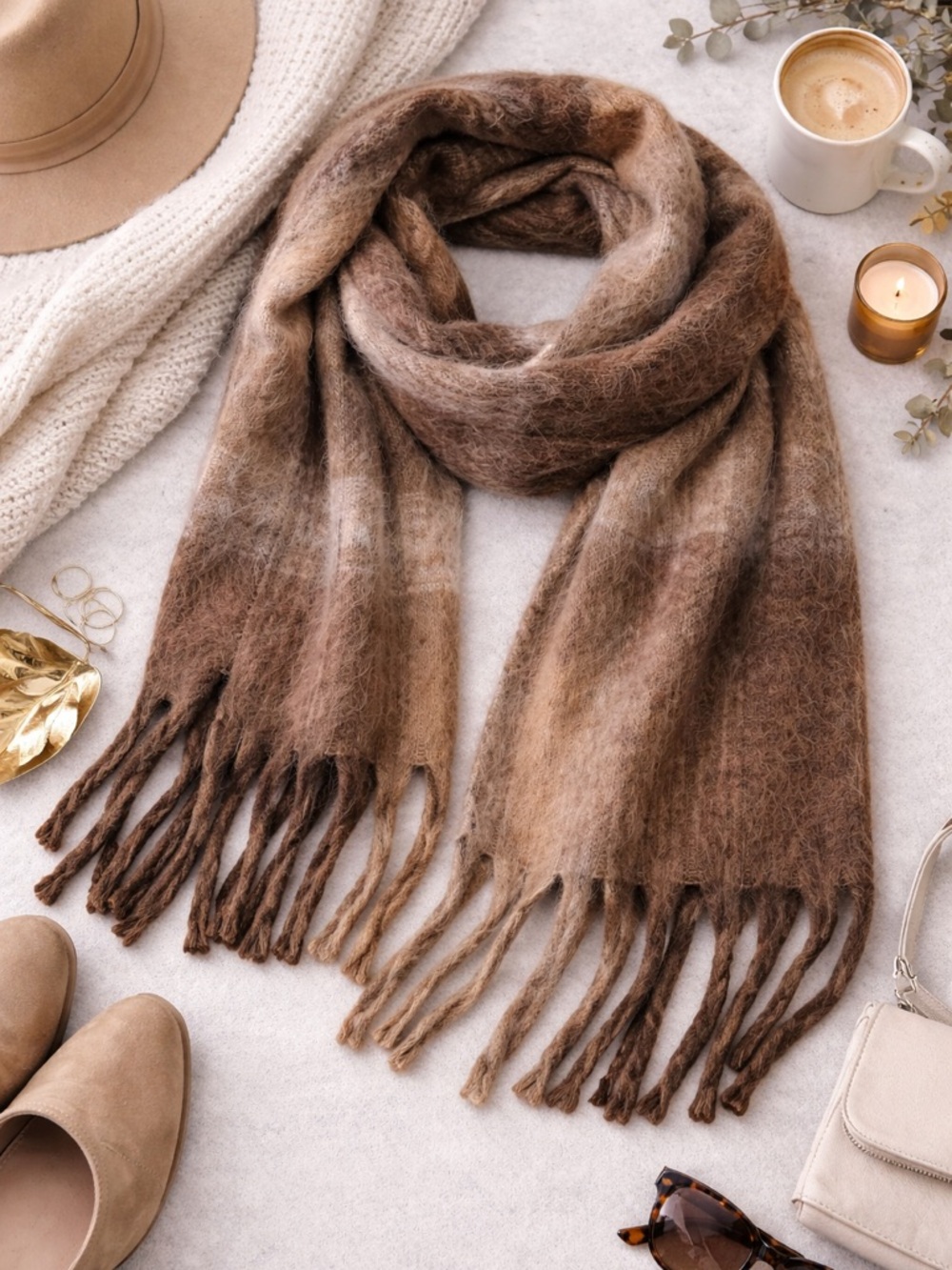 Charlie Paige Fringe Scarf Brown Lavendar Plush Cozy Wrap Shawl